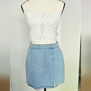 White Crop Top and Light Blue Denim Skirt